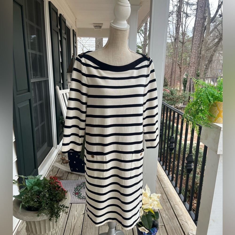 Kate Spade ♠️ Havana Stripe Cotton Dress, Black + Cream, Boat Neck, XL, EUC